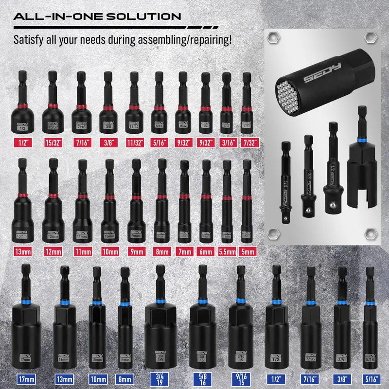 41/59/80-Piece Magnetic Impact Nut Driver Set – SAE & Metric Socket Bits with Adapters, Extensions & Bit Holder