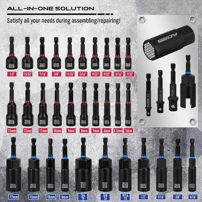 41/59/80-Piece Magnetic Impact Nut Driver Set – SAE & Metric Socket Bits with Adapters, Extensions & Bit Holder