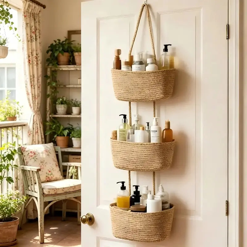 3-Tier Woven Cotton Over-the-Door Storage Basket – Wall-Mounted Bathroom & Nursery Organizer