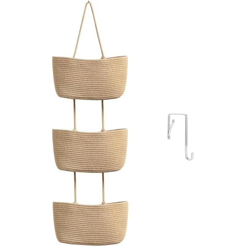 3-Tier Woven Cotton Over-the-Door Storage Basket – Wall-Mounted Bathroom & Nursery Organizer