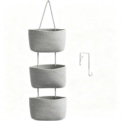 3-Tier Woven Cotton Over-the-Door Storage Basket – Wall-Mounted Bathroom & Nursery Organizer