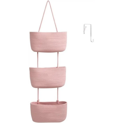 3-Tier Woven Cotton Over-the-Door Storage Basket – Wall-Mounted Bathroom & Nursery Organizer