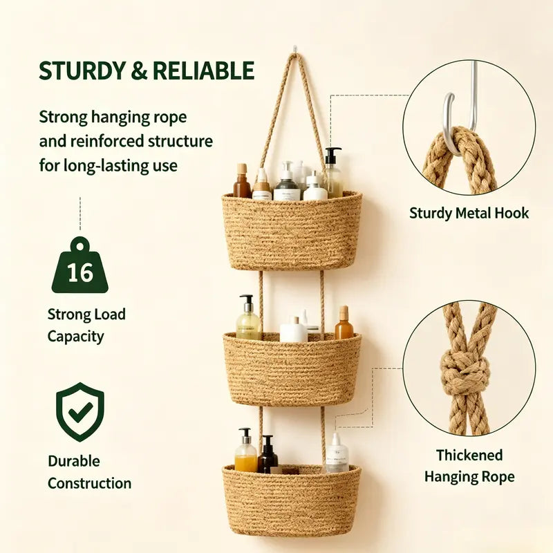 3-Tier Woven Cotton Over-the-Door Storage Basket – Wall-Mounted Bathroom & Nursery Organizer