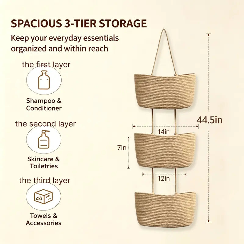 3-Tier Woven Cotton Over-the-Door Storage Basket – Wall-Mounted Bathroom & Nursery Organizer