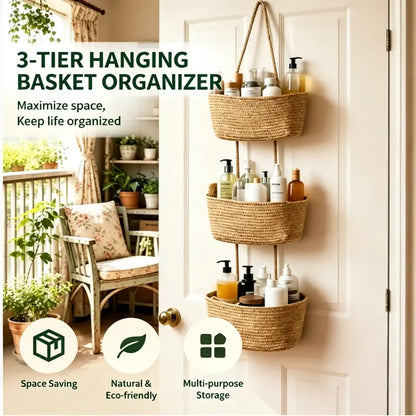 3-Tier Woven Cotton Over-the-Door Storage Basket – Wall-Mounted Bathroom & Nursery Organizer