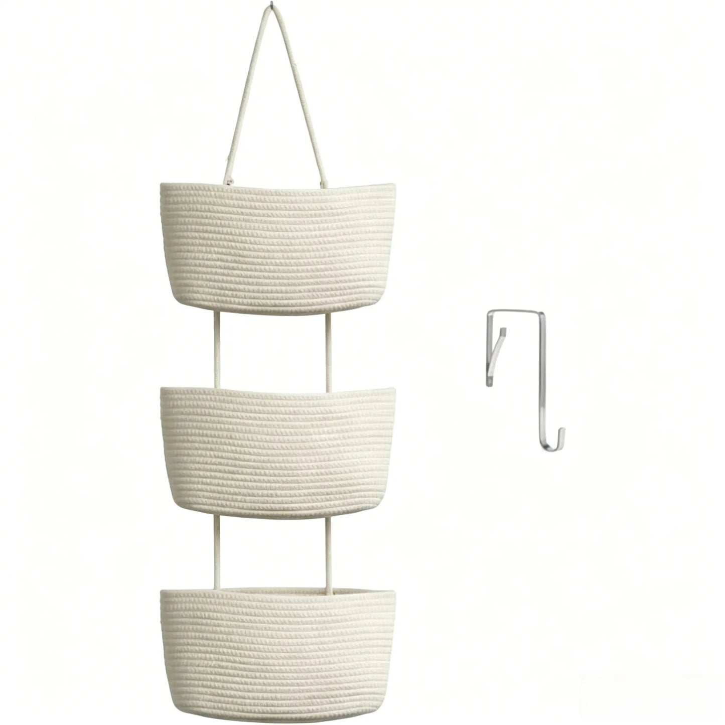 3-Tier Woven Cotton Over-the-Door Storage Basket – Wall-Mounted Bathroom & Nursery Organizer